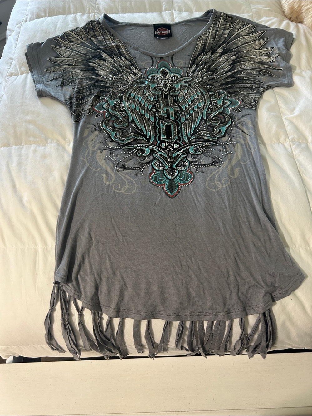 Harley-Davidson Gray Short Sleeve Tee with Teal Wing Graphic and Fringe